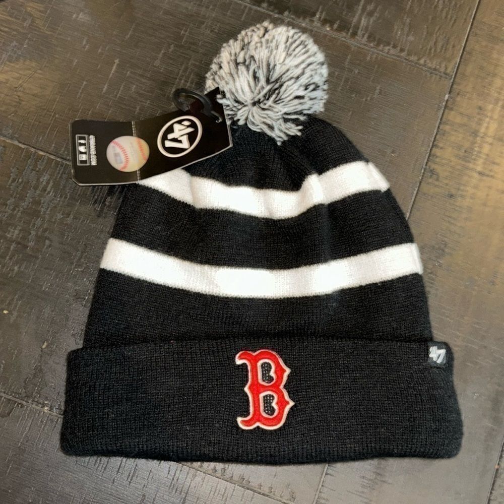 NWT 47 Brand Boston Red Sox Pom Pom Striped Black Official Beanie Warm Cozy‍﻿﻿﻿‍